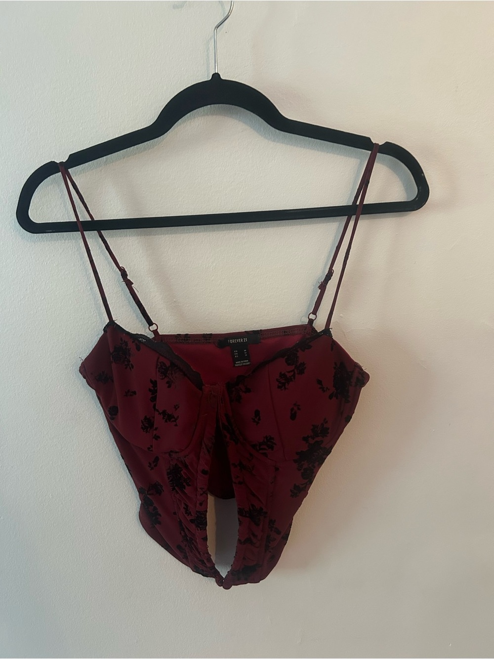 Forever 21 Burgundy Floral Lace-Trim Bodysuit Camisole